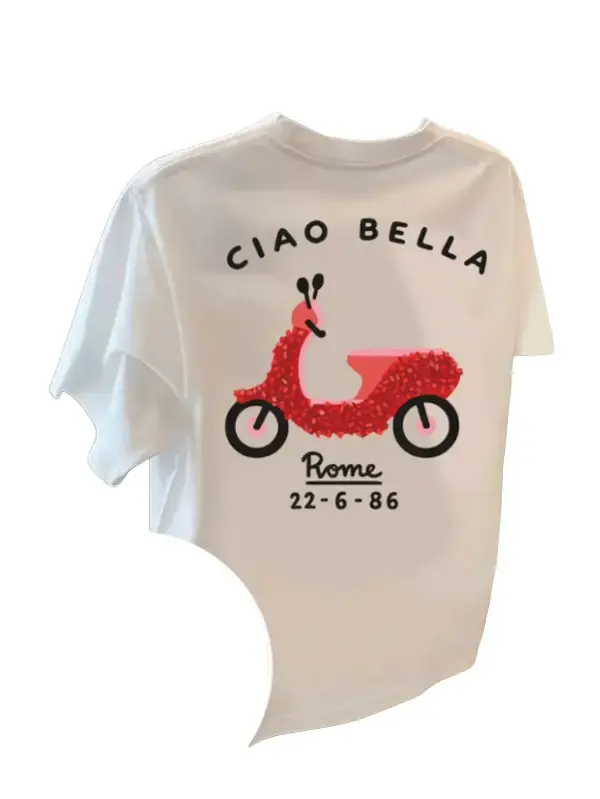 Women's Classic Cotton Crew-Neck Short-Sleeve T-Shirt - Retro Vespa Scooter Double-Sided Print, Ciao Bella Rome Italy Travel Theme Casual Tee