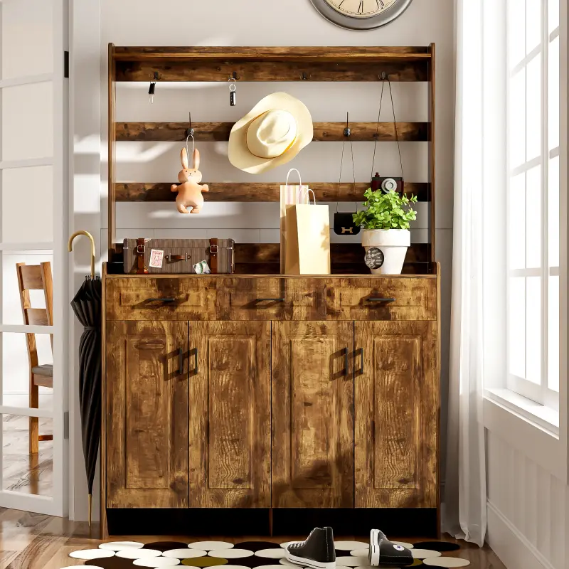 [Bellemave] 51.2''Minimalist Four-Door Shoe Cabinet with Coat Rack, Spacious Top,3 Drawers, 8 Shelves, Metal hooks and handles for Hallway, Entryway, Living Room