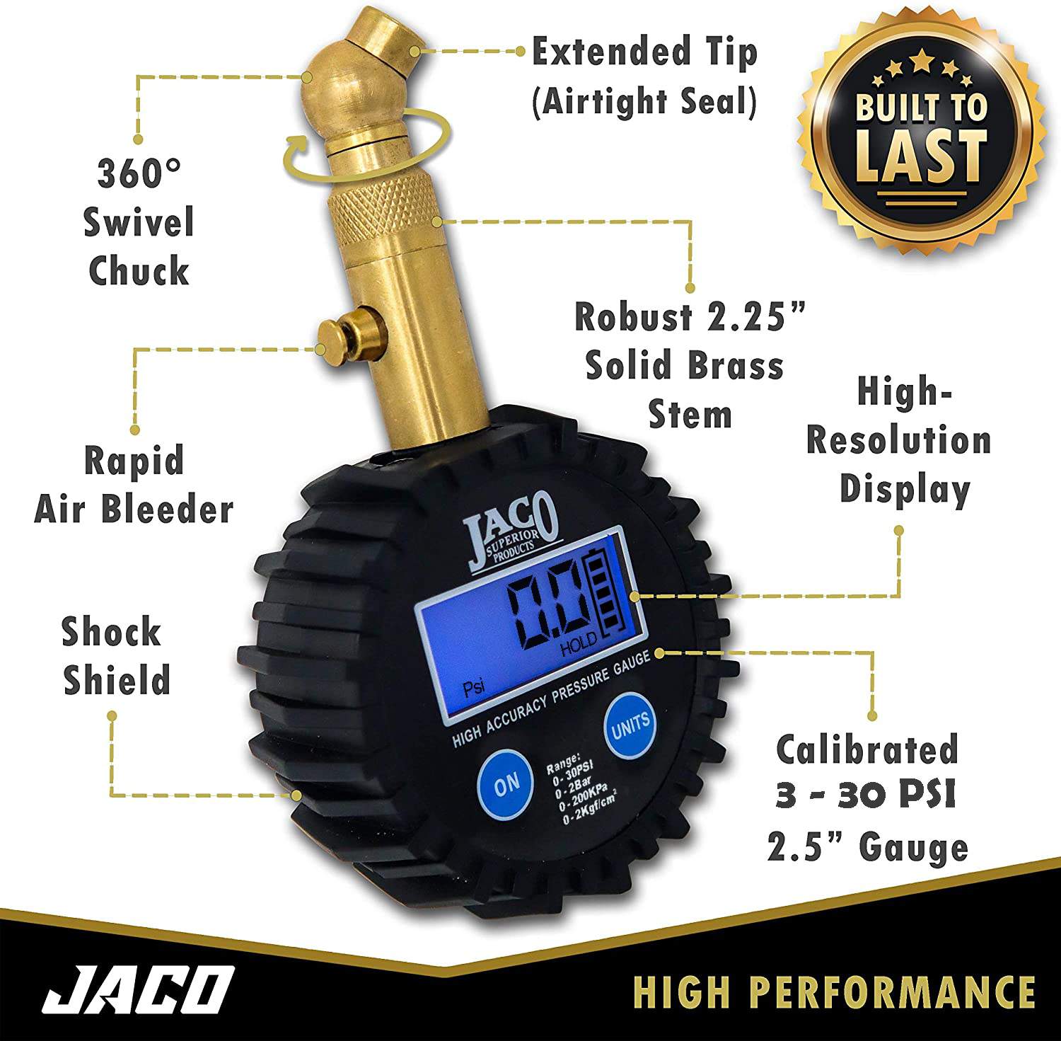 JACO Elite Digital Low Pressure Tire Gauge - Professional Accuracy - 30 PSI JACO Elite Digital Low Pressure Tire Gauge - Professional Accuracy - 30 PSI