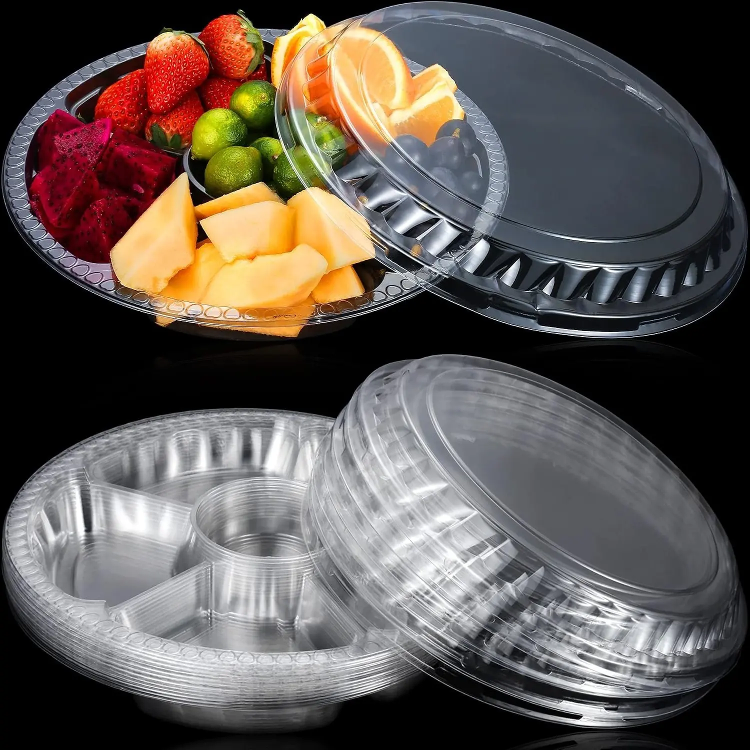 12 Pack 12 Inch Round Clear Plastic Veggie Tray with Lid 6 Compartment Divided Serving Platter for Fruit Dip Snacks Party Buffet Catering Reusable Containers