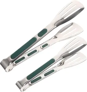 Stainless Steel Kitchen Tong Set - Anti-Slip Heat-Resistant Grip, Widened 3-Line Slotted Heads for Easy Clamping (Steaks, BBQ, Pasta, Salads), Easy Clean for Versatile Use Set of , Green
