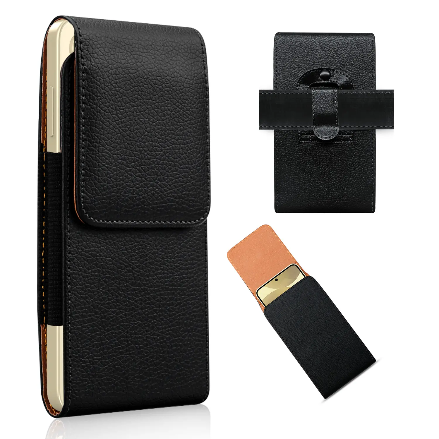 Universal Cell Phone Holster Pouch,Vertical Rugged Phone Holster Case with Belt Clip & Card Holder, Universal Wallet Pouch for iPhone 17 Pro Max Samsung S24 S24 Plus S24 Ultra Durable PU Leather