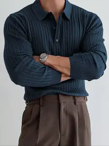 Men's Striped Polo Shirt with Ribbed Collar, Long Sleeve Casual Work Polo, Perfect Gift for Friends, Stylish Men's Clothing, Navy Blue