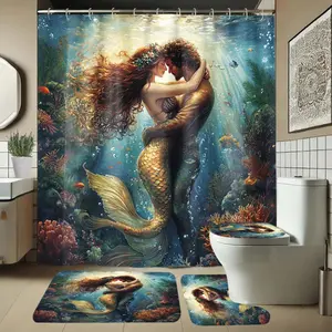 Mermaid Pattern Bathroom Accessories Set, Includes Shower Curtain, U-Shaped Toilet Pad, Lid Cover, Long Rectangle Mat, Elegant Bath Decor, Shower Curtain Sets