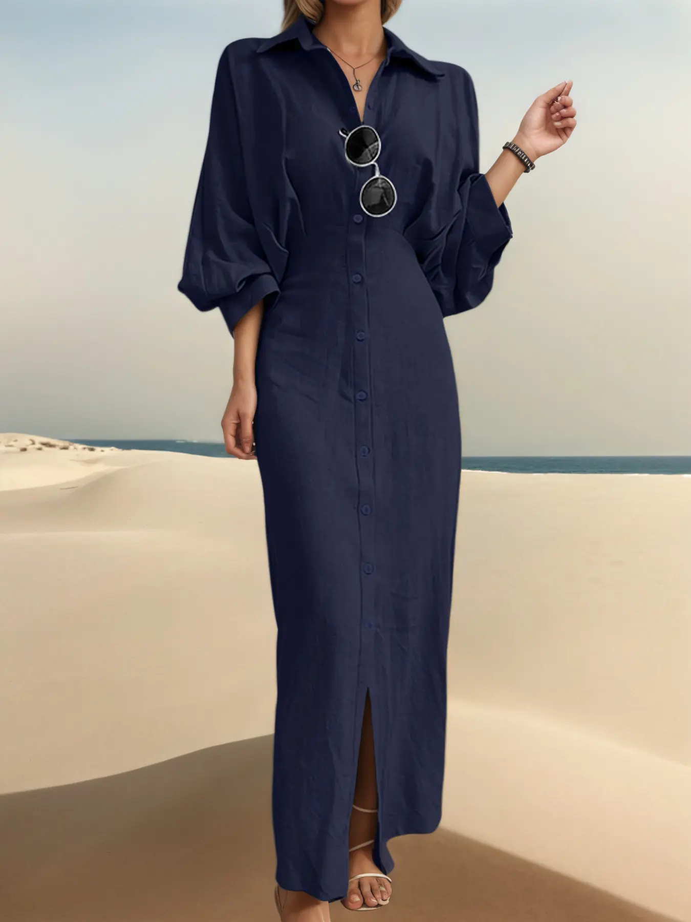 ZANZEA Women's Solid Color Dress, Casual Dress Style Collared Long Sleeve Fitted Waist Open Front Mid-Length Design, Ideal for Daily Commuting, Everyday Casual Wear Womenswear Minimalist Elegant Chic