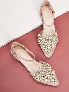 Women's French Mini Faux Pearl Embroidered Embellishments Pink Flat Shoes, Casual Buckle Fastening Faux Pearl Decor Flats for Girlfriend, Pointed Toe Wedding Shoes for Party