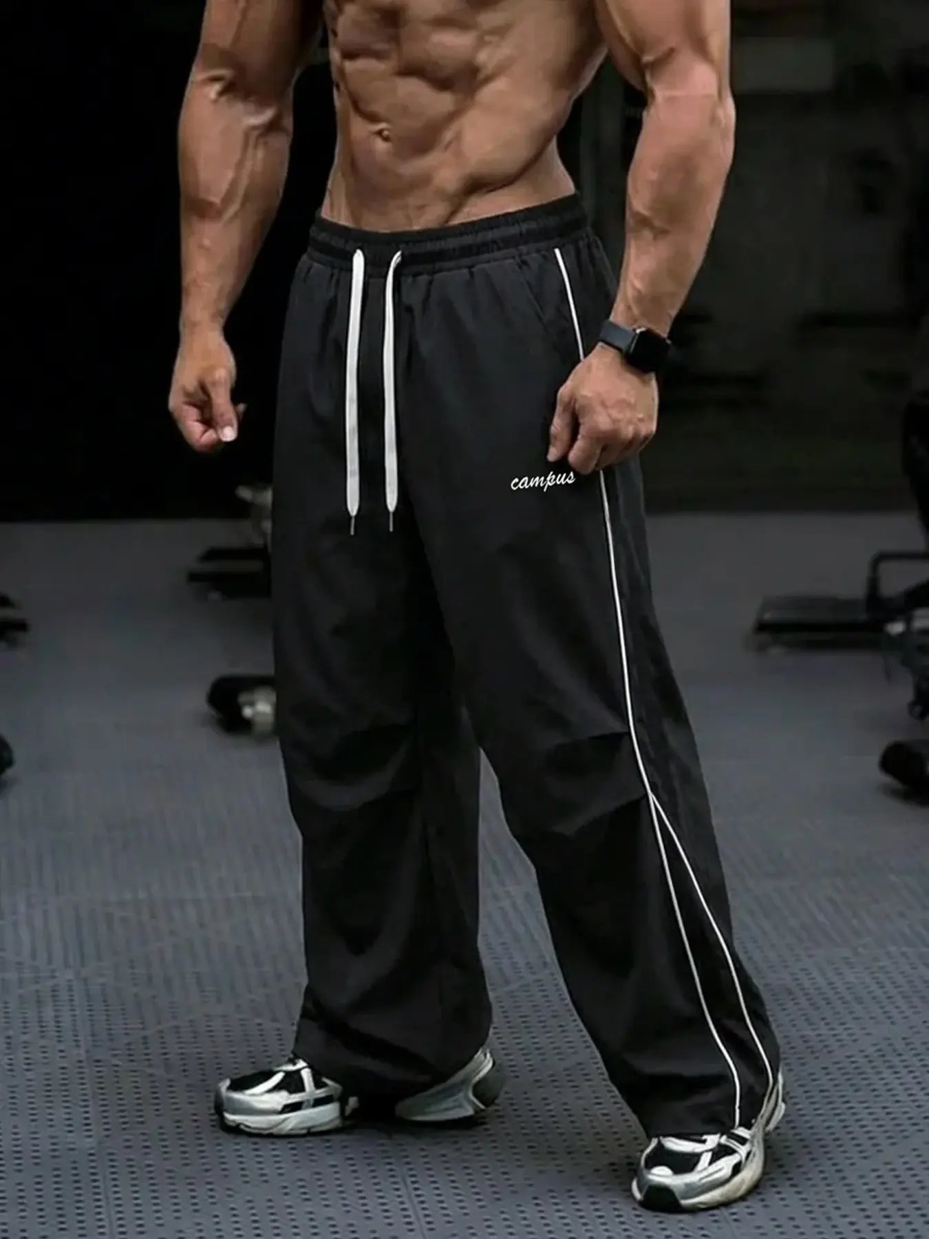 Trendy Baggy Athleisure Style Pants Athletic Track Pants for Men, Retro "Campus" Print Lightweight Activewear Windbreaker Pants, Comfy Versatile Multi-Scene Trousers for Casual Streetwear, Light Outdoor & Daily Wear, Casual Bottom