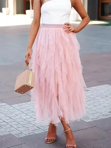 Women's Elegant Long Velvet Skirt Fairy Style Tutu A-Line Woven Mesh Fabric Elastic Waistband for Parties & Daily Wear
