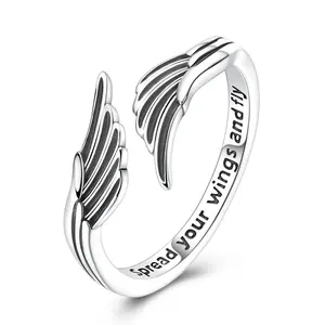 MULA 925 Silver-plated Angel Wing Ring – Adjustable Feather Guardian Angel Jewelry with "Spread Your Wings and Fly" Engraving, Inspirational Memorial Graduation Gifts for Women & Teen Girls