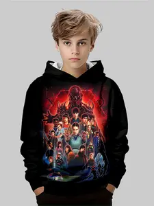 Boys Stranger Things Hooded Zipper Sweatshirt, Dark Style All over Print, Casual Fitted Design, Fall & Winter Fashion, Graphic Team Hoodie