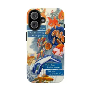Whimsical Goldfish & Orange Slices Art Phone Case for IP 16 15 14 13 12 11 Pro Max XR Xs 6 7 8 Plus SE, Aesthetic Fish Collage Phone Case, Shockproof Heavy Duty Protective Cover, Trendy Sentimental Quote & Fish Tough Case