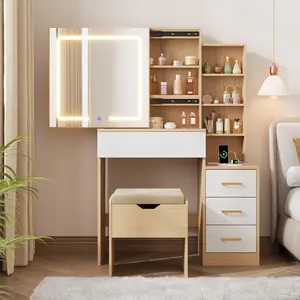 Garvee Makeup Vanity Desk with Sliding Mirror, Adjustable 3-Color Lights, 4 Compact Drawers, Power Outlet, and Stool - Elegant Vanity Dressing Table for Personal Use