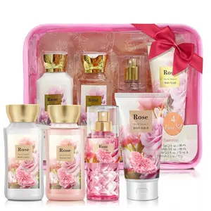 Rose Bath and Body Gift Set, 4-Piece Self Care Collection with Shower Gel, Exfoliating Scrub, Fragrance Spray & Moisturizing Cream, Personal Portable Travel Spa Kit for Women