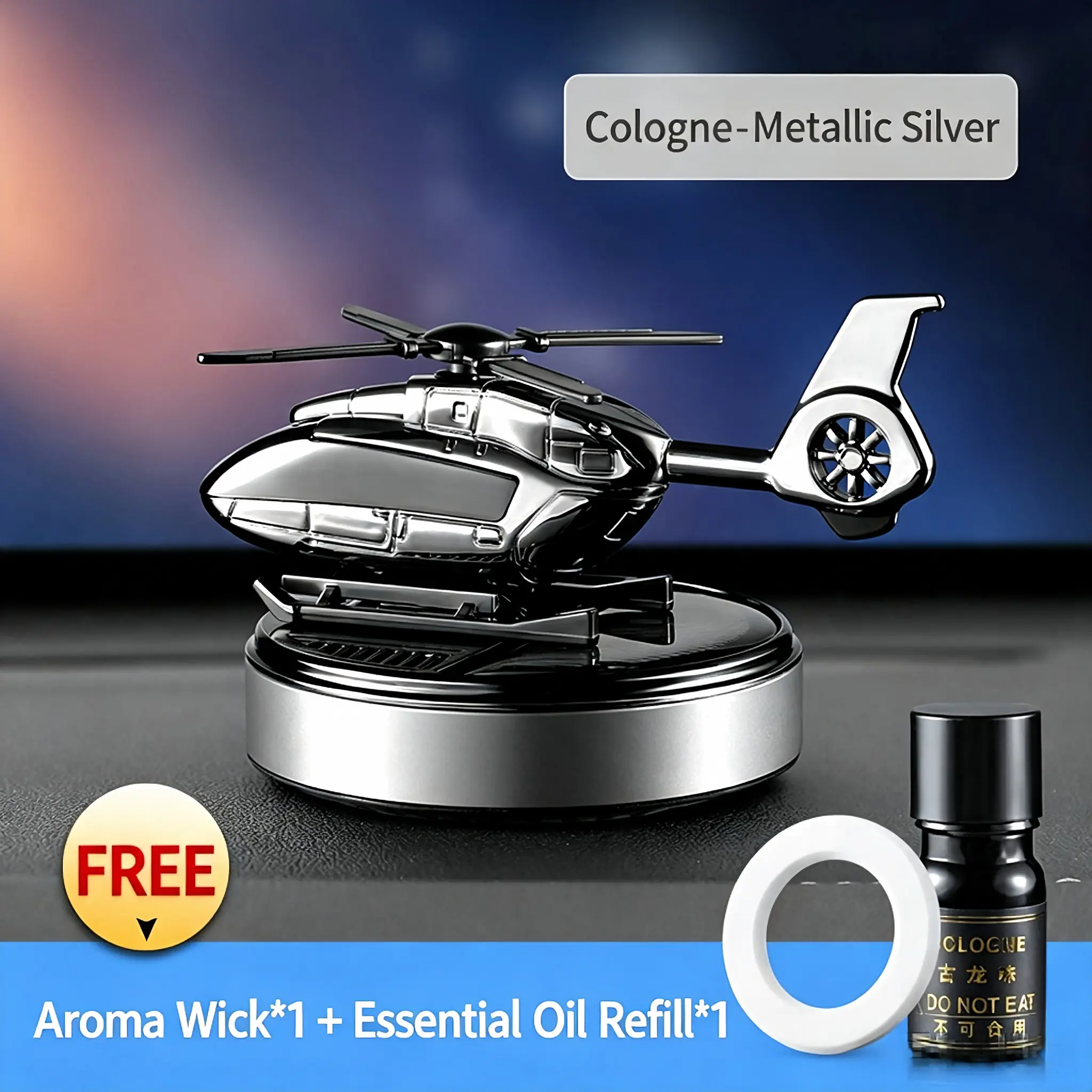 Solar-Powered Rotating Helicopter Car Air Freshener, Car Scent, Aromatherapy Diffuser in Aircraft Aluminum, Fragrance Decor for Car and Home