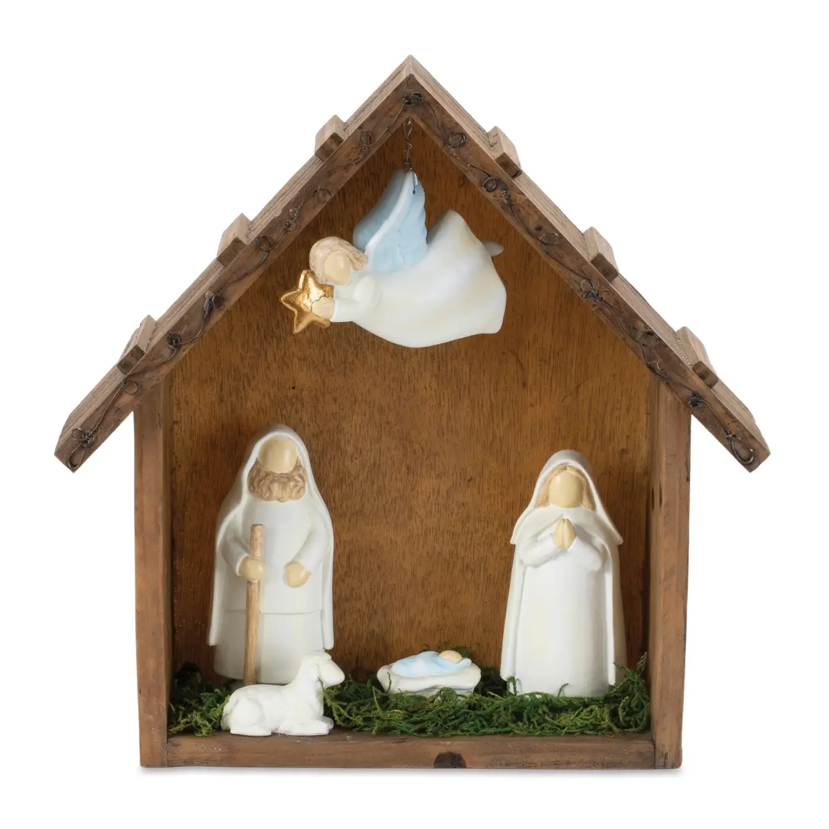 Traditional Brown, White & Green Wood-Resin 360 Stand Christmas Nativity Set (94035DS Melrose, 10x9.75 in.), Festive Home Decor with Angel & Backdrop