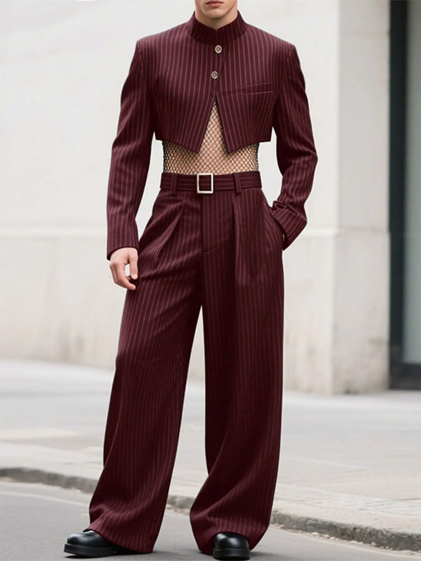 INCERUN Men's Fashion Suit Set, Casual Suit, menswear, Striped Stand Collar Short Sleeve Blazer with Long Pants, Ideal for Everyday Street Style and All Seasons
