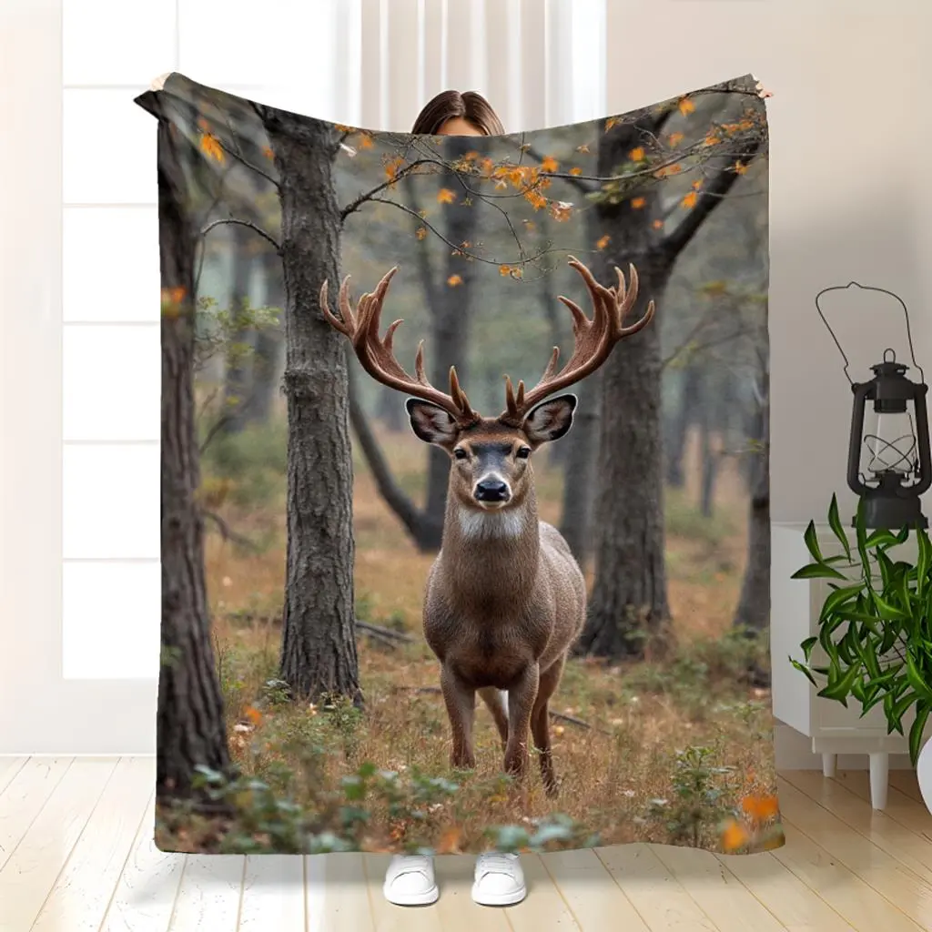 Polyester Blanket with Deer and Autumn Forest Pattern - Perfect for Fall Decor, Camping, and Thanksgiving