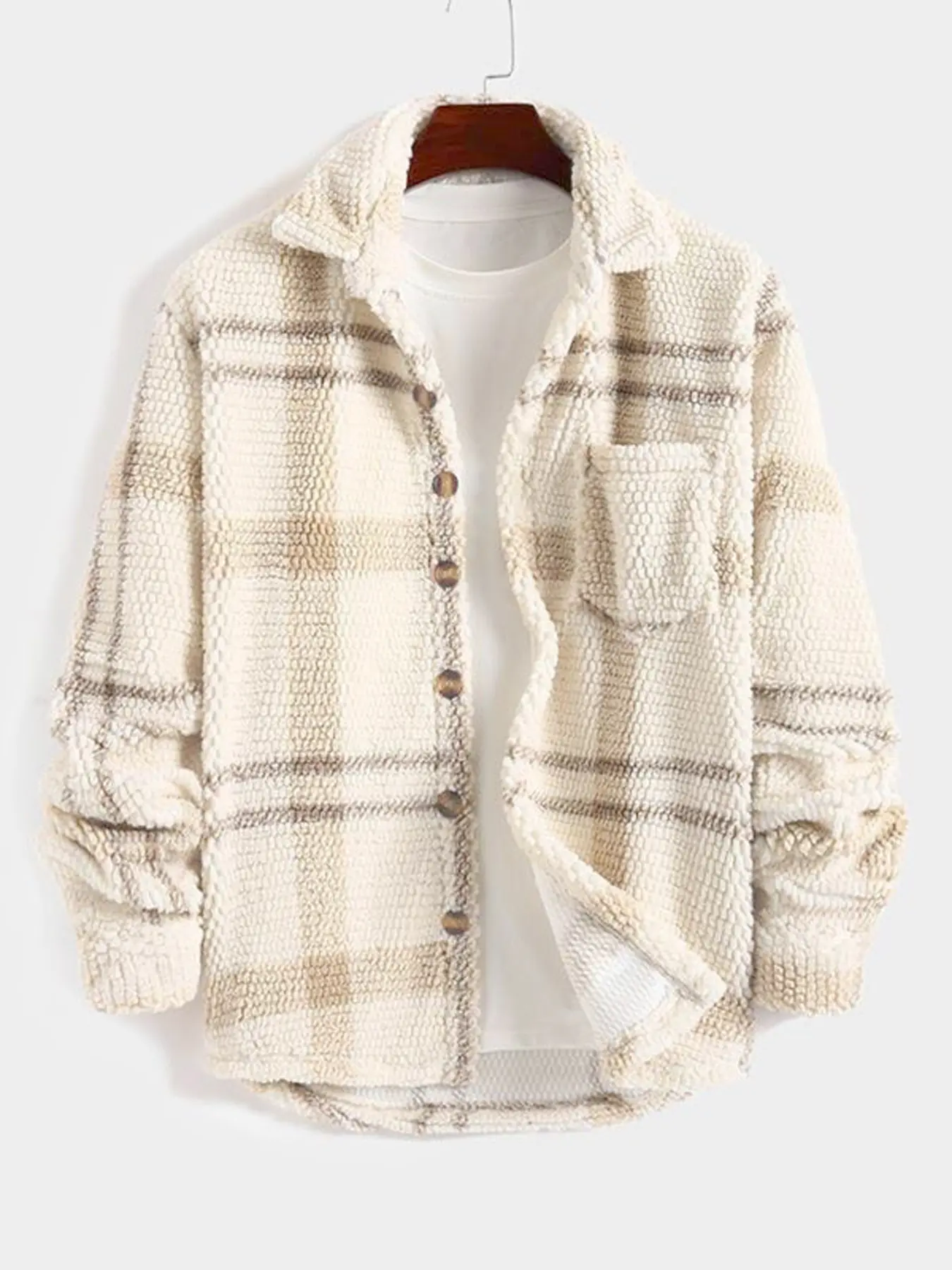 Navy Plaid Waffle Shirt Jacket Coats, Cloud Touch Fabric & Wooden Buttons, Home Everyday Casual Wear, Available in Three Colors