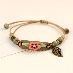 Women's 3-Pcs Handmade Green Boho Style Bracelets, Bohemian Ceramic Beaded with Floral Charm, Trendy Porcelain Stone Jewelry for Sisters, Boho Style Bracelet