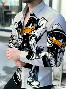 Men's breathable lapel long-sleeve Casual cardigan Shirt Daffy Duck detective cartoon print