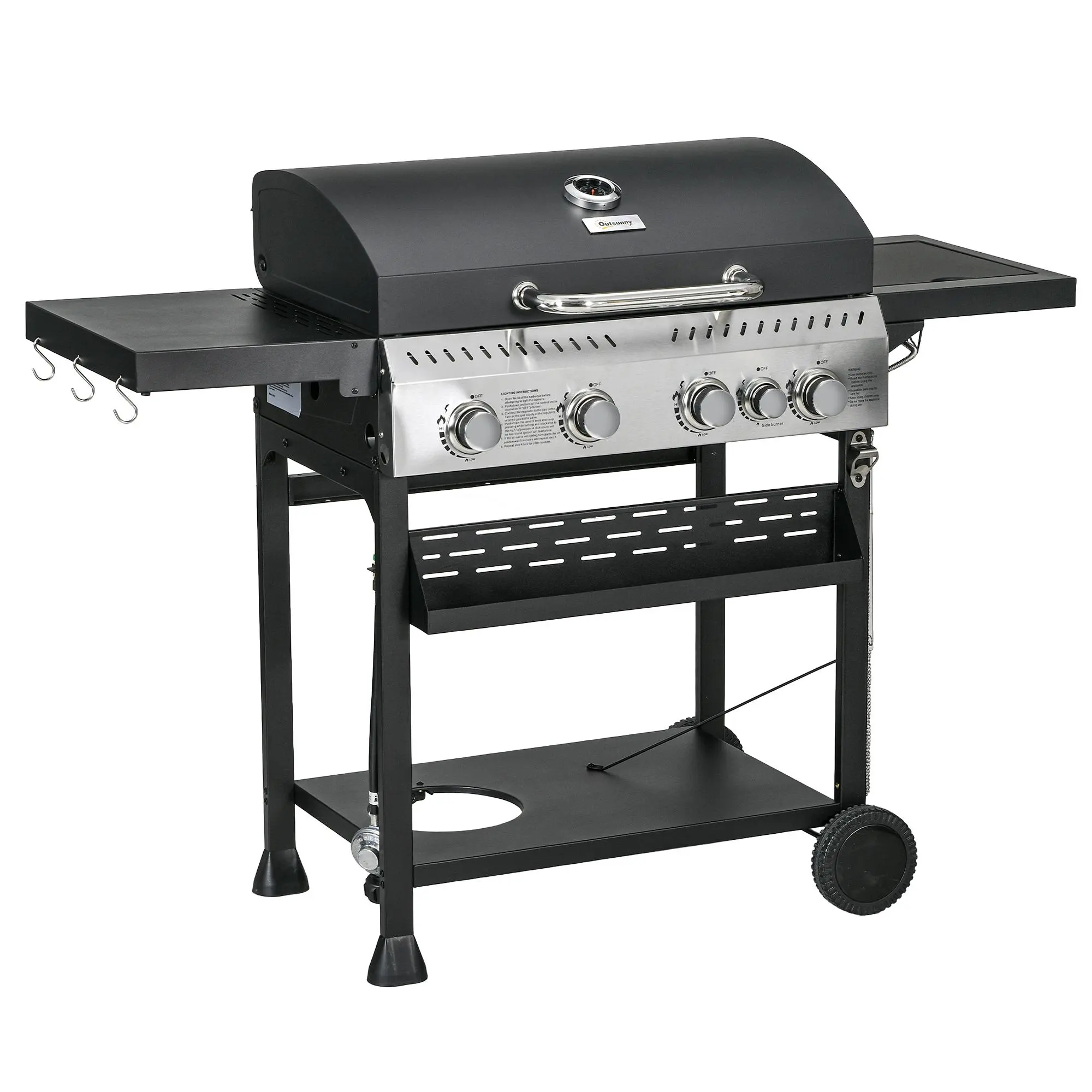 Outsunny 4-Burner Propane Gas BBQ Grill - Outdoor-Grade Portable Stainless Steel Barbecue with Side Burner, 40000 BTU, 430 sq in Cooking Area, Wheels, Warming Rack, Shelves, Thermometer, Bottle Opener, Storage Organization, Black, Galvanized Steel, Outdoo