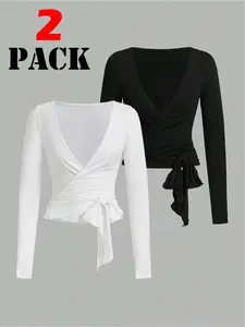 Winter Yoga Fitness, Gym Clothes Set, Elastic Soft V-Neck Long Sleeve Slim Fit T-Shirt Set, Open Front Tie Waist Wrap Top Two-Piece, Stretchy Suit Set