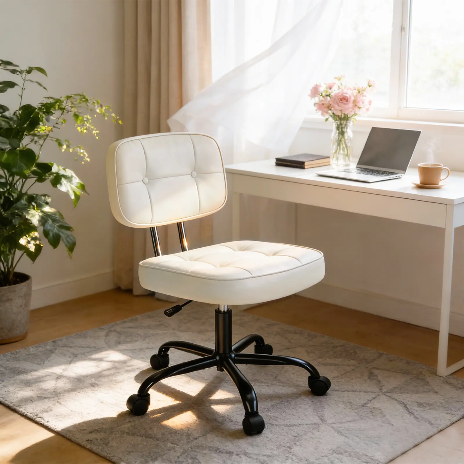 Ergonomic Armless Desk Chair for Small Space - Low Back Lumbar Support, Height Adjustable PU Leather Computer Task Chair with 360° Swivel Rolling Wheels，White