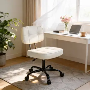 Ergonomic Armless Desk Chair for Small Space - Low Back Lumbar Support, Height Adjustable PU Leather Computer Task Chair with 360° Swivel Rolling Wheels，White