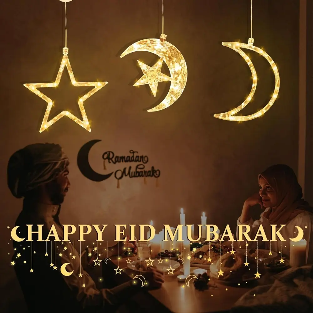 3-piece LED star and Moon light string with suction cup, warm yellow window light for Ramadan, Christmas, wedding, birthday and other festival Pack Decor Ornaments Decoration, Hanging Holes, Moon Star, Ramadan Theme, Timer On/Off