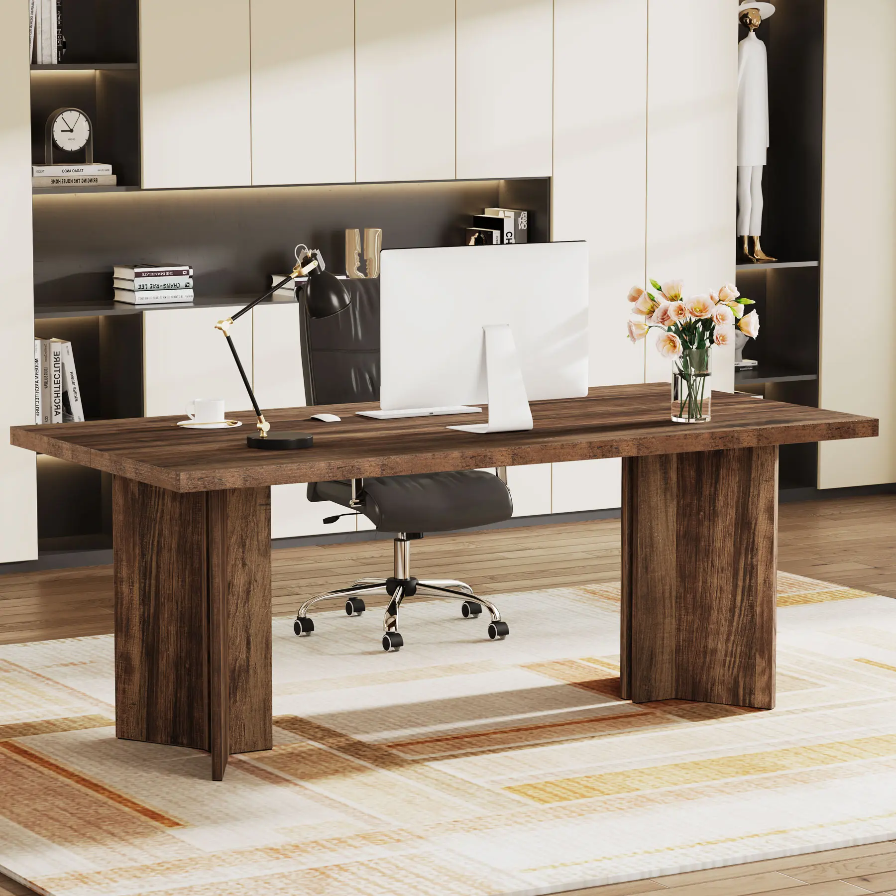LITTLE TREE 63-inch Executive Desk, Vintage Office Computer Desk with Large Tabletop, Farmhouse Wood Writing Conference Table Workstation for Home Office, Study