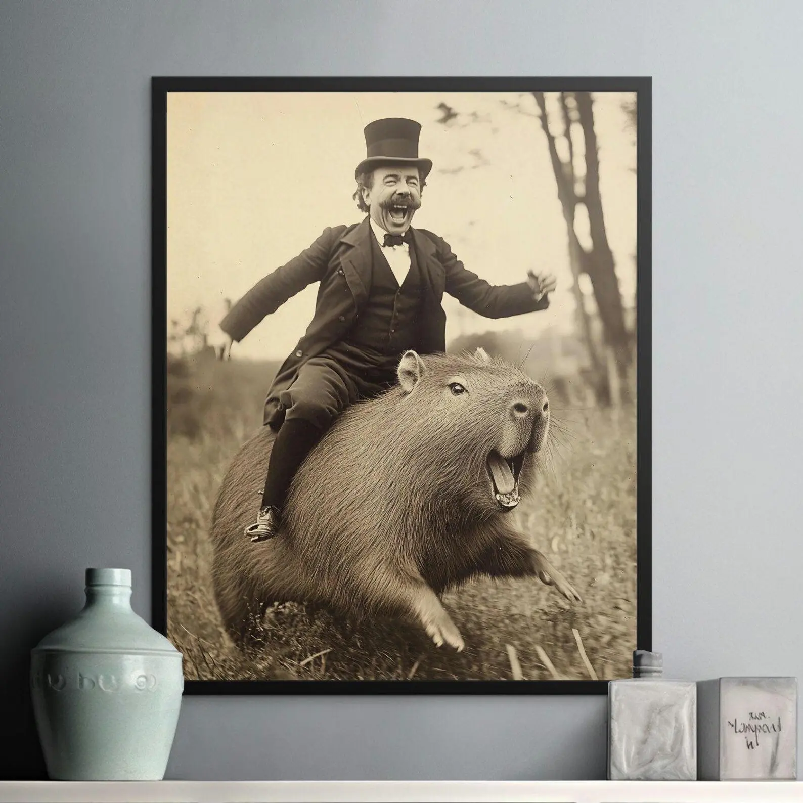 Vintage Circus Entertainer Riding Giant Capybara Art Print, Humorous Animal Wall Decor, Unique Funny Poster for Home,