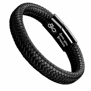 Black Braided Leather Bracelet for Men, Engraved "Love You Forever", Stainless Steel Clasp, Adjustable Couple Gift
