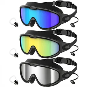 Men Wide View Swim Goggles, Anti-Fog/UV No Leak Swimming Goggles with Ear Plugs for Adult