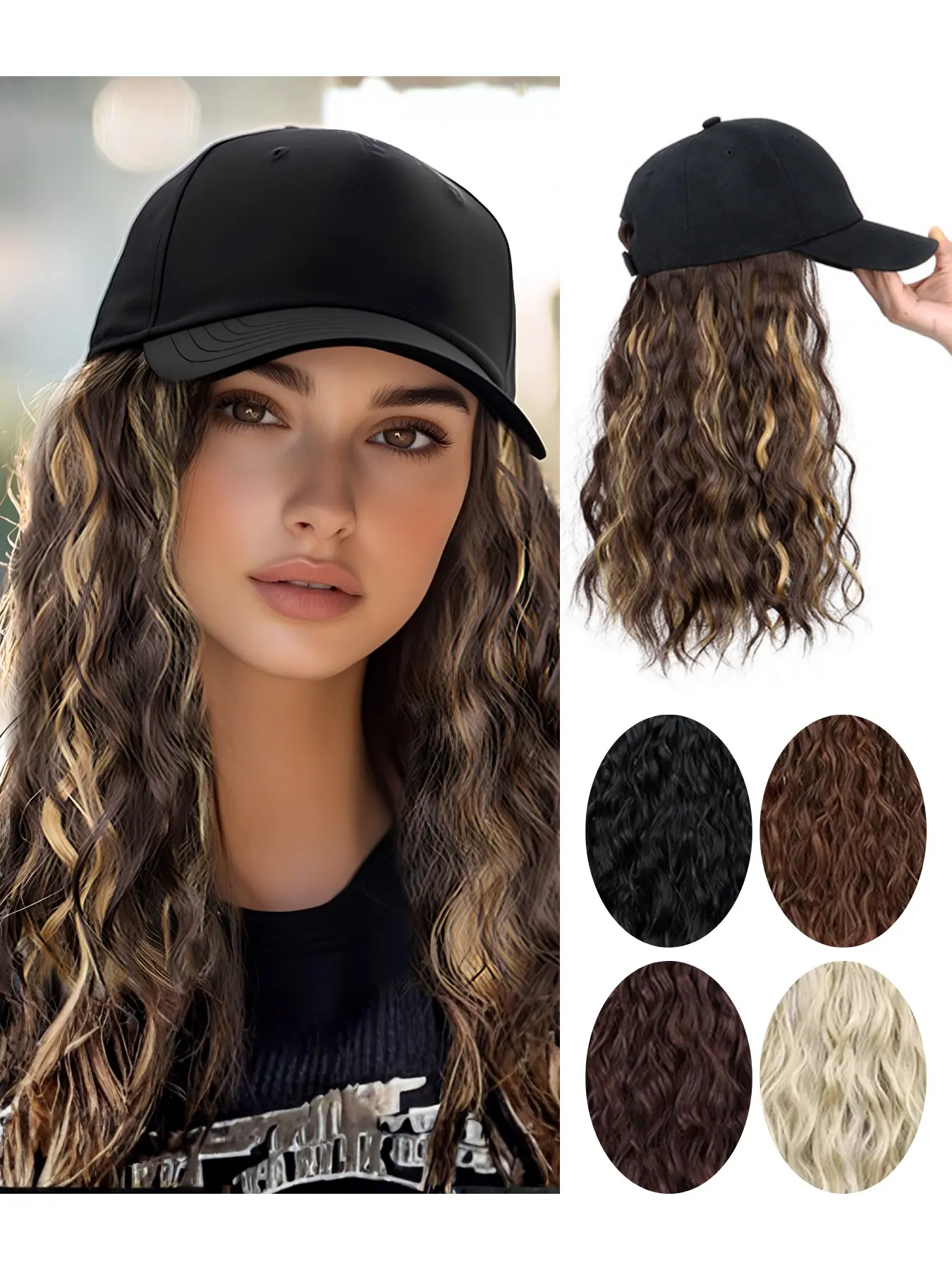 Baseball Cap Wig Long Natural Wave Hair Extension Hat, High-Temperature Synthetic Fiber Adjustable Cap Wig for Women Girls Heat Resistant Wigs Heat Friendly Wig Synthetic Material Wigs Wavy Wigs