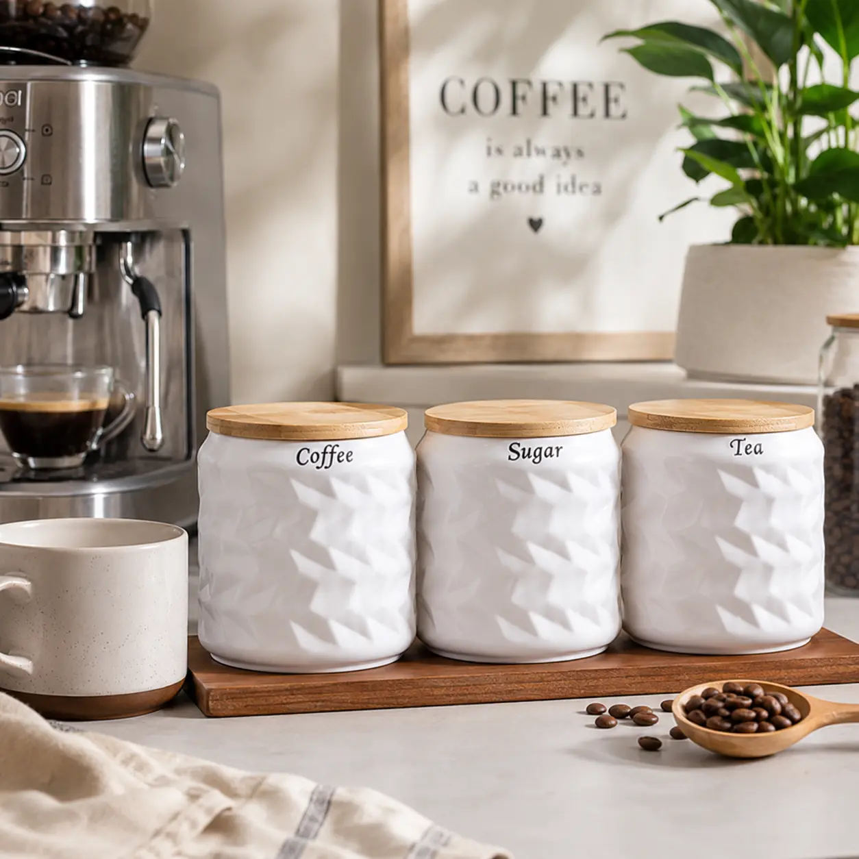Ceramic Coffee, Sugar or Tea Canister with Bamboo Lid – 750 mL
