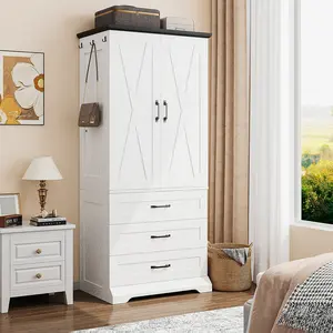 LIKIMIO 70.9"H Wardrobe Closet with Sensor Light and 3 Drawers, Wooden Bedroom Armoire Cabinet with 2-Door and Hanging Rod