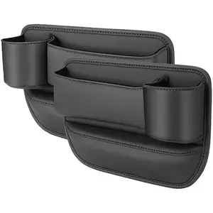 2-Piece Car Seat Gap Filler, Car Seat Leather Storage Box with Cup Holder, Universal Seat Gap Organizer, Adjustable Car Seat Storage Box, Suitable for Mobile Phone Glasses Key Card Black.