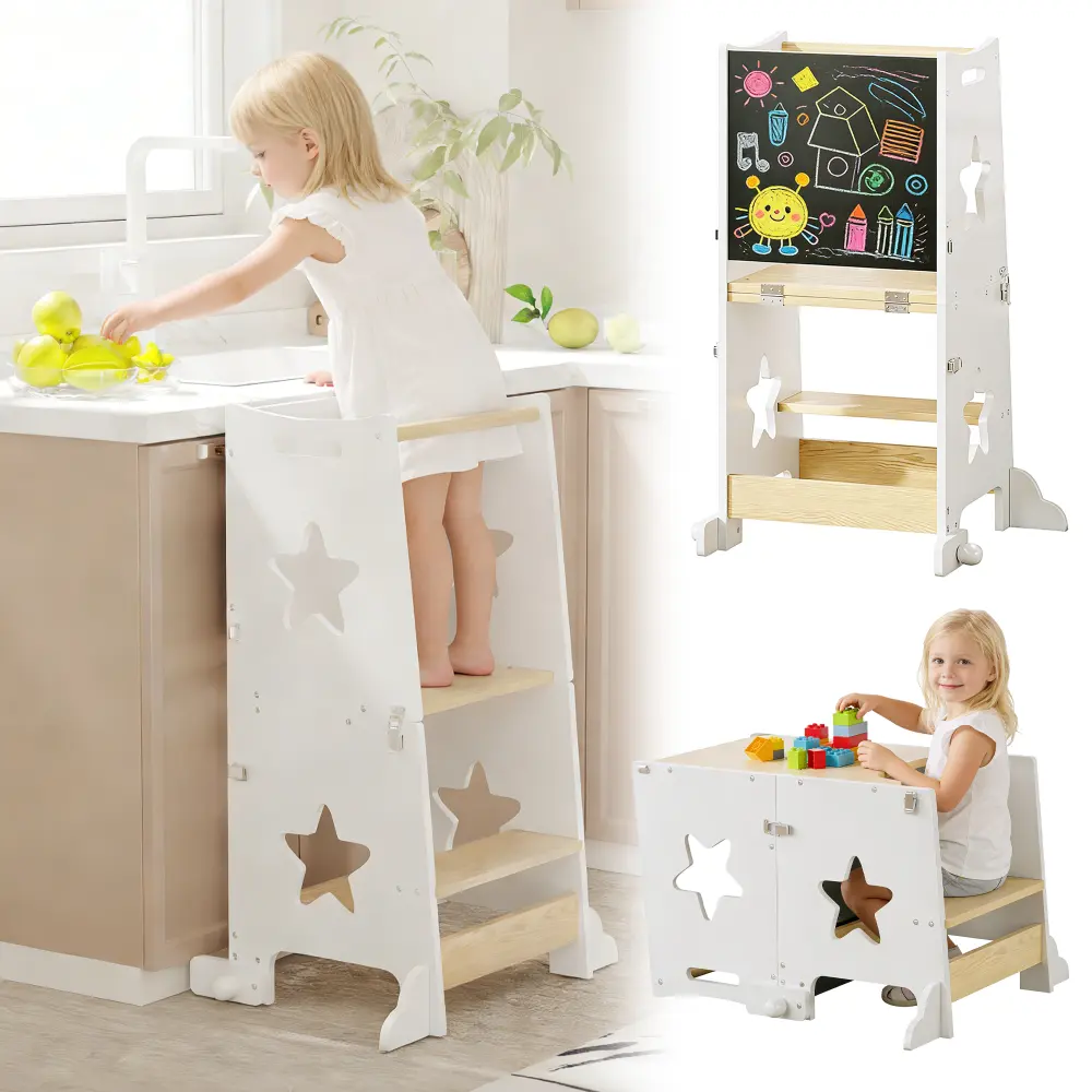 Wooden 3-in-1 Toddler Kitchen Step Stool Helper - Foldable Learning Standing Tower with Star Cutout, Triangular Frame, Armrests, Blackboard, Gifts for 1-3 Year Old Kids, With Armrests