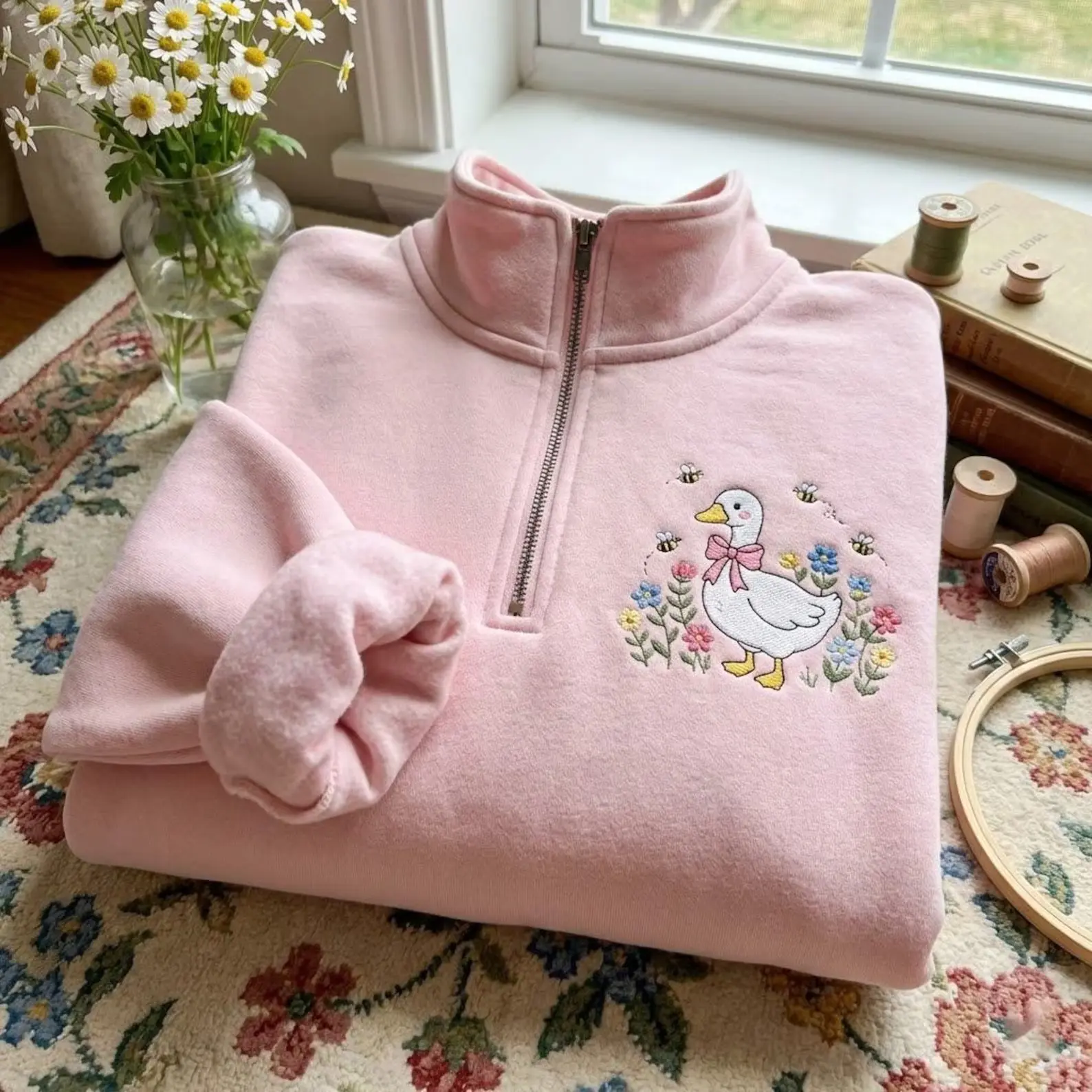 EMBROIDERED Floral Goose Quarter Zip Sweatshirt, Botanical Mom Crewneck, Cottagecore Mama Shirt, Mother's Day Gift