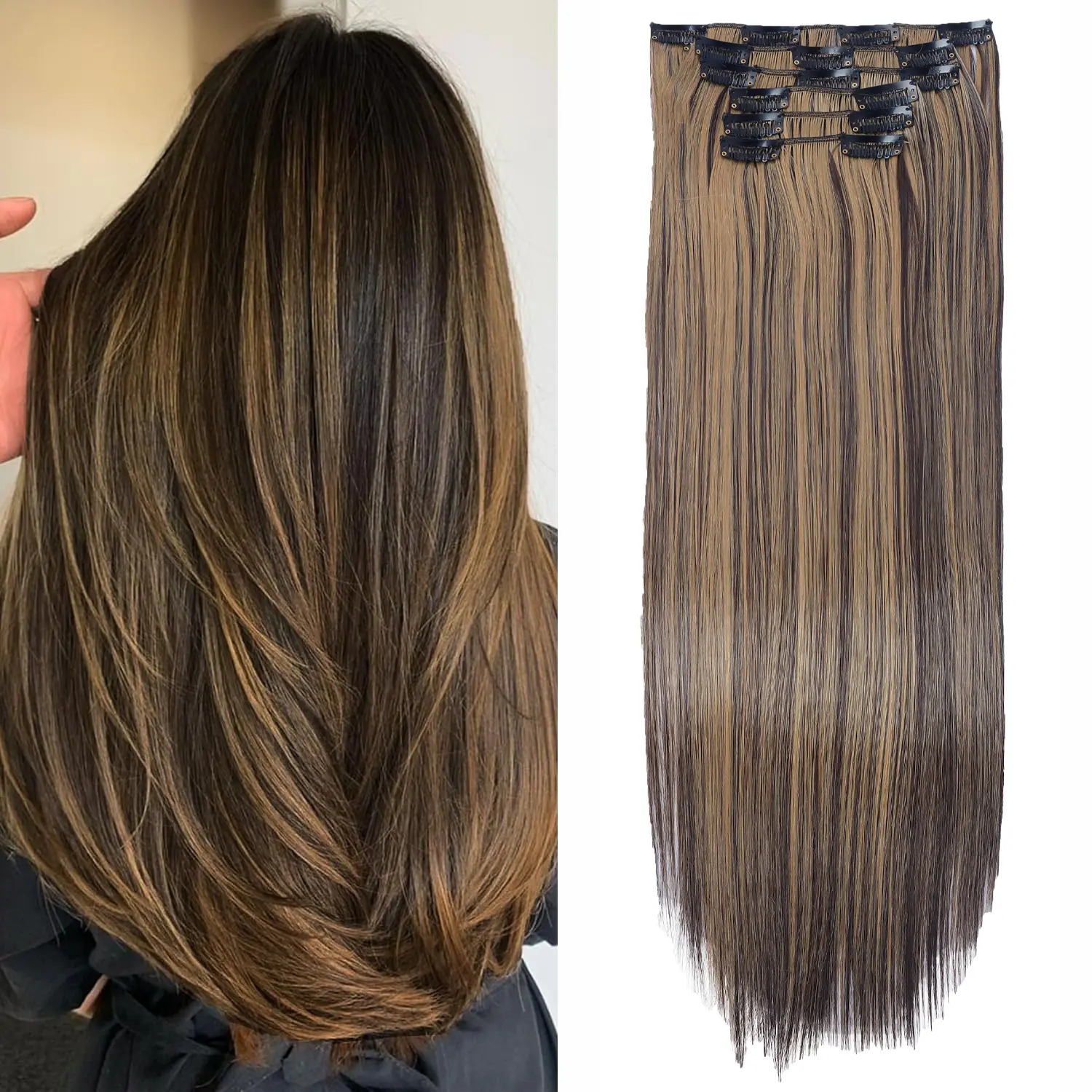 VOSILK Women's Clip In Hair Extensions, 24 Inch 6PCS Thick Set, Premium Synthetic Brown Hair with Blonde Highlights for Added Volume, Mixed Color Hairpiece, Premium Synthetic Hair