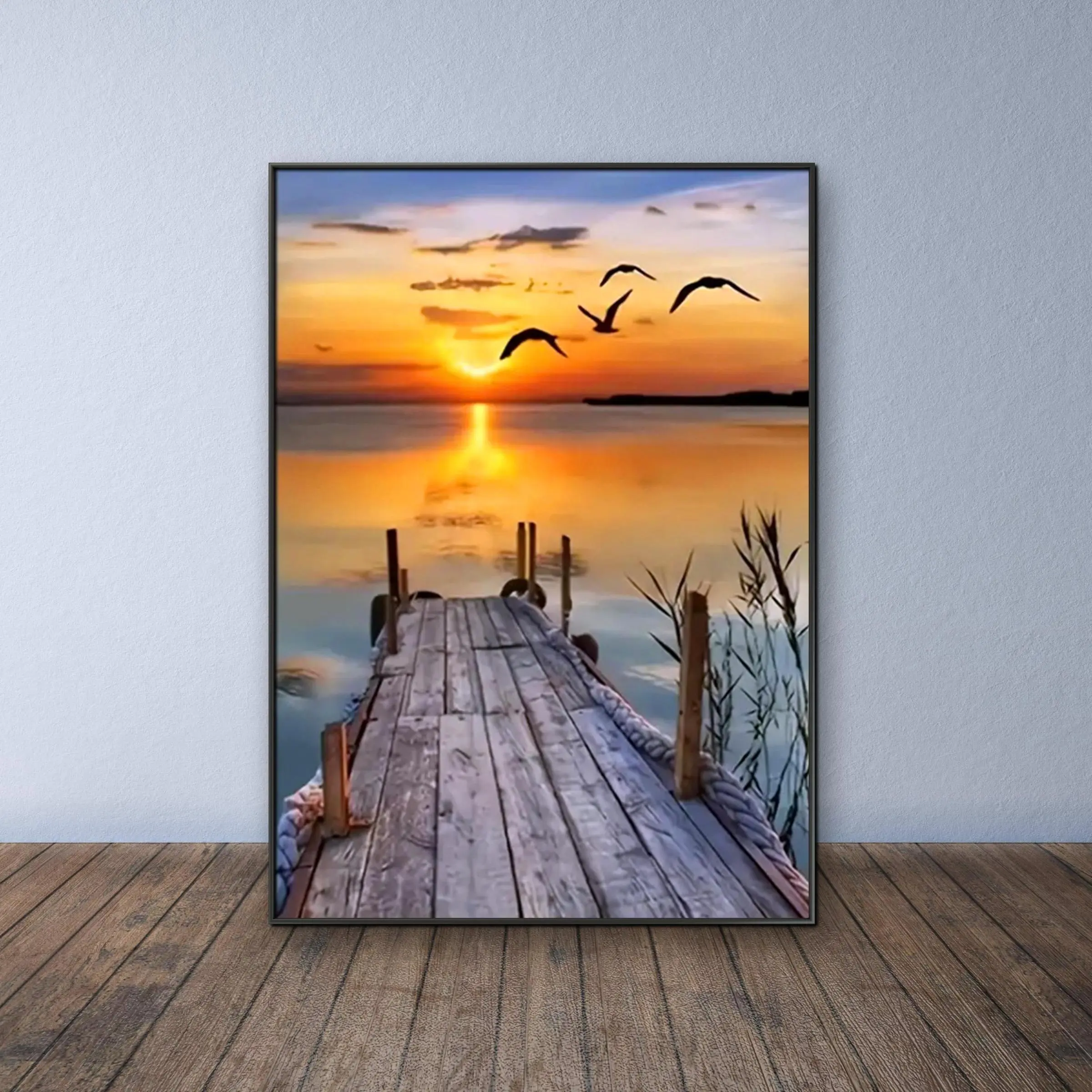 Sunset Over Lake Scene DIY Diamond Arts Colorful Painting Kit without Frame, DIY 5D Diamond Arts Colorful Painting for Bedroom Wall Decor
