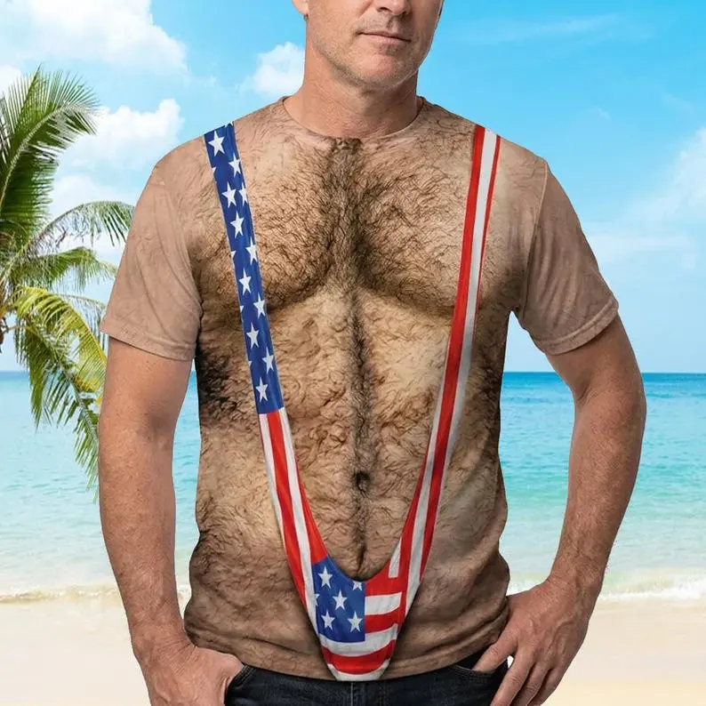 3D Hairy Body Swimsuit T-Shirt for Men, Funny USA Flag Patriotic Graphic Tee, Mankini Costume Shirt, Novelty Summer Party Gift for Him