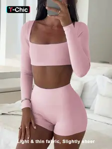 Women's Casual Sporty Long Sleeve Top & Shorts Set, Sporty Style Clothes, Slim-Fit Thin Fabric for Fall Season, Comfortable Daily Wear Apparel, Sweatsuit Set, Sweatsuit Outfits, Sportswear Set