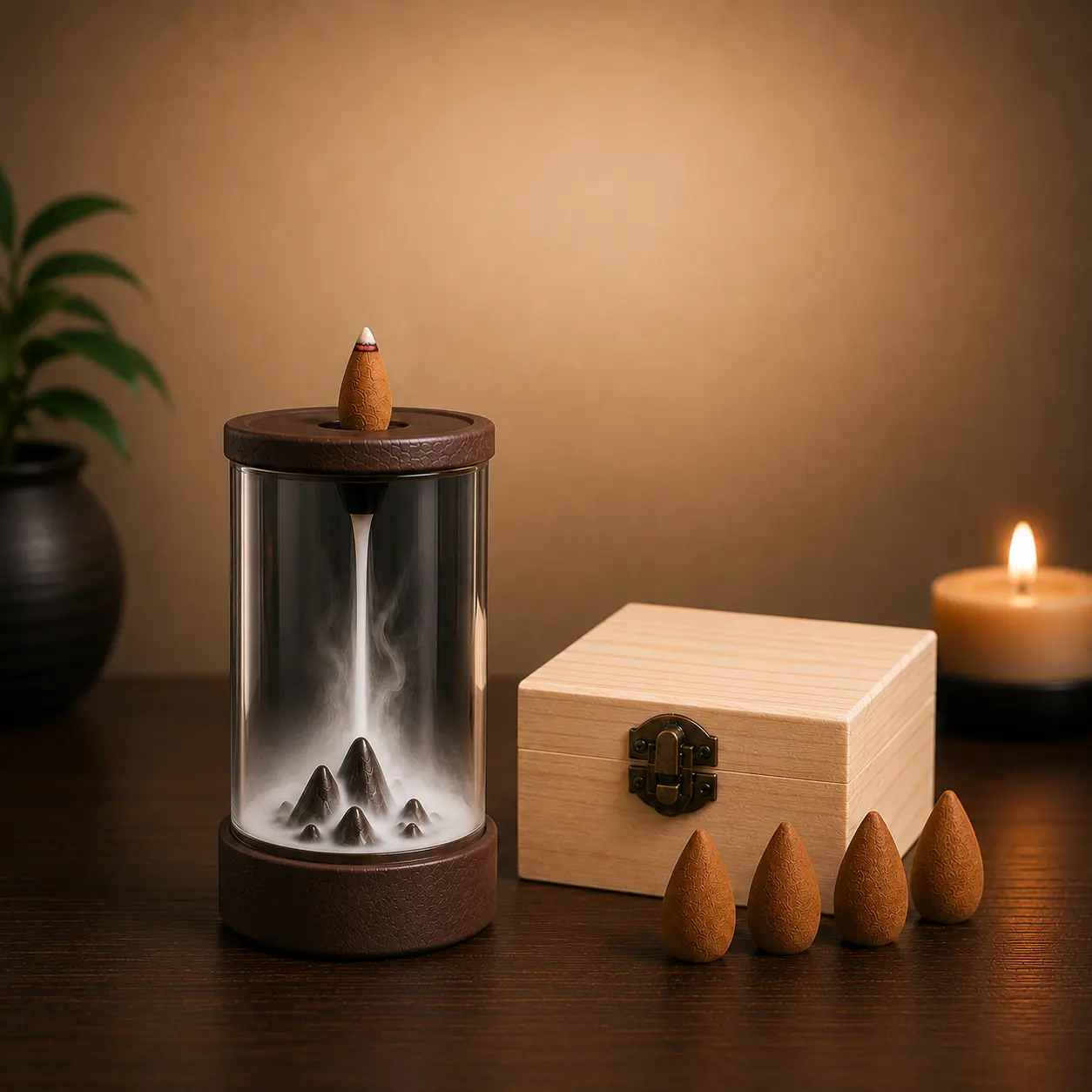 Sandalwood Backflow Cones，Backflow Incense Burner Gift Set with Incense Cones Wooden Box, Alloy Dragon/Resin Dragon Mountain/Plastic Cover Mountain Waterfall Incense Holder for Aromatherapy Meditation Home Decor