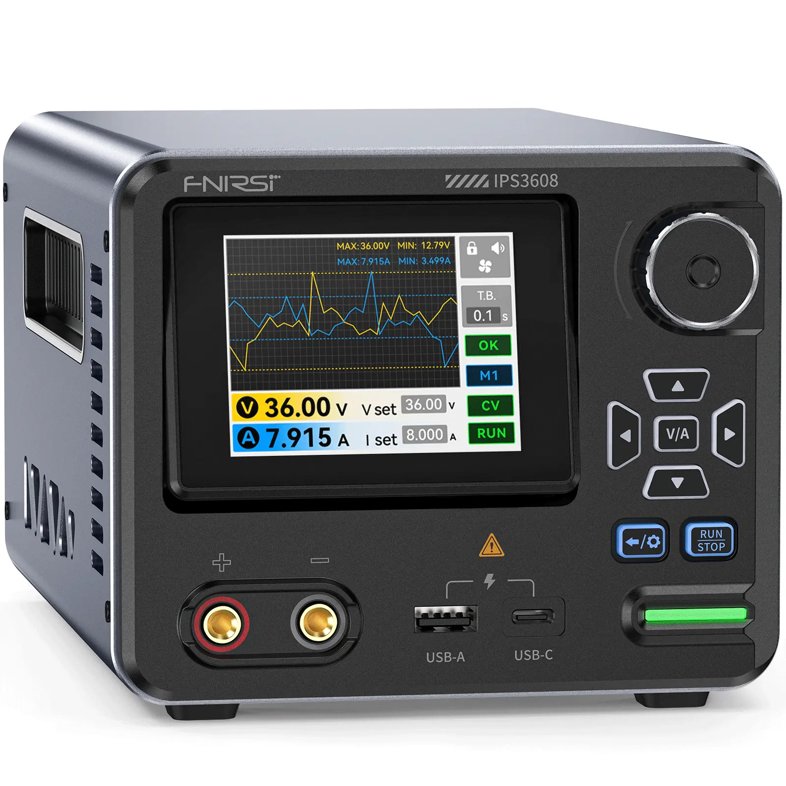 FNIRSI IPS3608 Variable DC Bench Power Supply, 36V 8A, <10mV Low Ripple, Aluminum Shell, USB-A & Type-C Ports, Day/Night Dual UI, 4-Digit IPS Digital Power Display, PC Programmable, 6 Preset Data, 1-Button Start, One‑Button Start