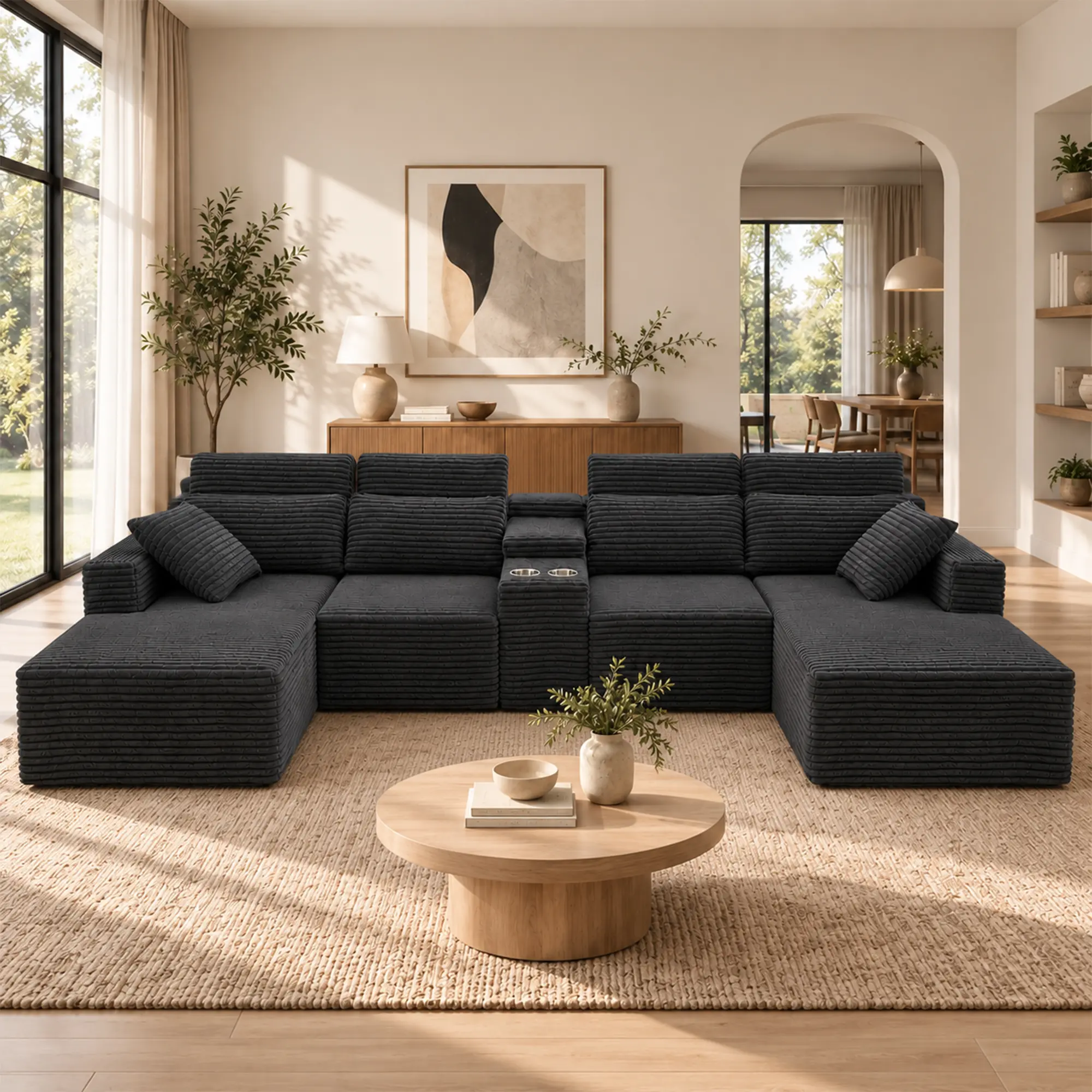 145" Oversized U Shaped Cloud Sectional Couches, Comfy Fluffy Corduroy Boneless Couch, Large Modular Sectional Sofa Set with Chaise, Cup Holder