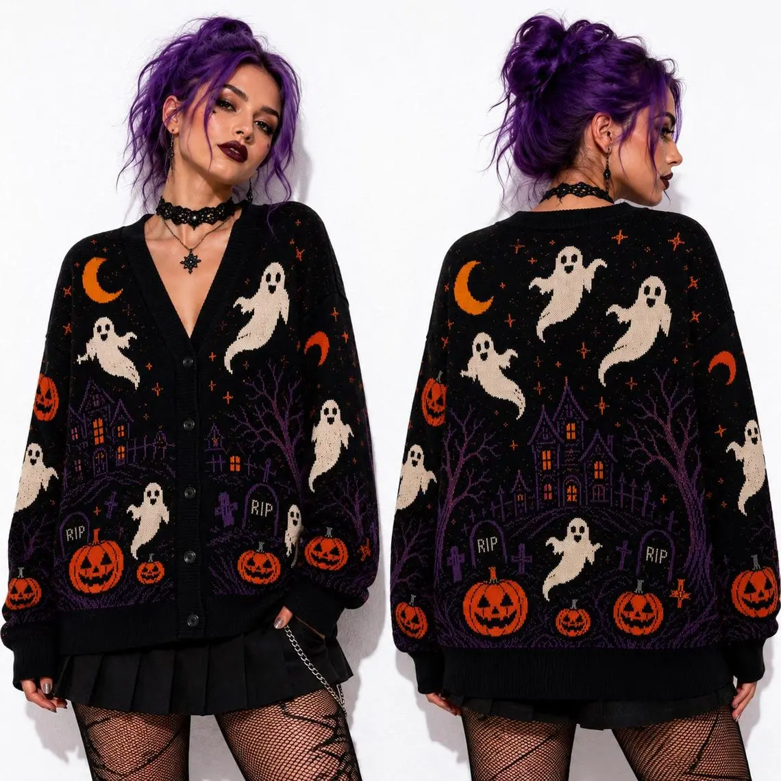 Halloween Ghost Pumpkin Cardigan, Spooky Pumpkin Knit Sweater, Gothic Halloween Fall Witchy, Boo Cardigan