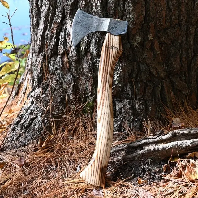16" Handmade Damascus Steel Camping Axe - Bushcraft Hatchet with Ashwood Handle for Outdoor Camping & Hiking