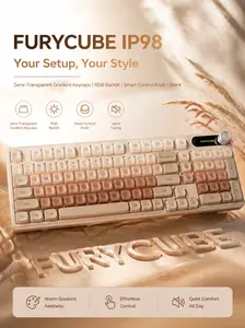FURYCUBE IP98 Keyboard - 98 Keys Foundation Rose Ash Keycap Wired Wireless Membrane Keyboard with Media Knob, RGB Backlit Silent Keyboard for Office & Gaming on PC and Mac Computers