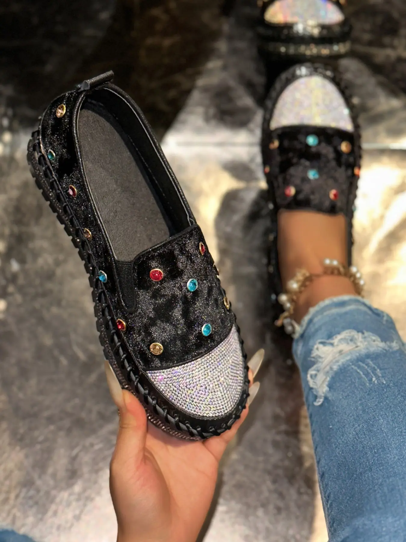 Women's Sweet Cool Vintage Velvet Rhinestone Loafers, Thick Sole Height Increase Shoes, Casual Spring Fall Outerwear Single Shoe